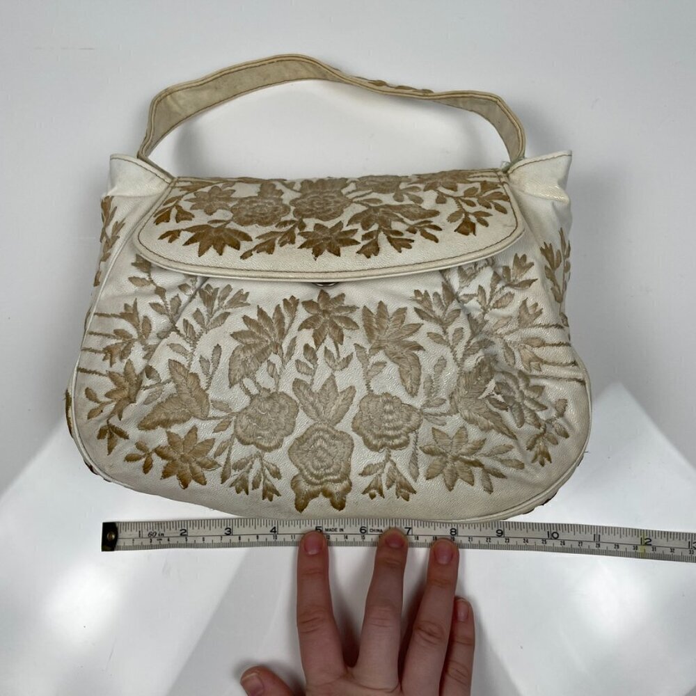 Vintage Cream and Brown Leather Embroidered Floral Purse - Picture 11 of 12